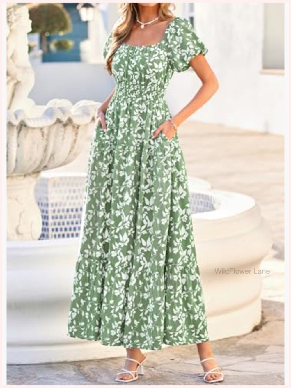 Puff Sleeve Maxi Dress Square Neck Smocked Tiered A-Line Flowy Pockets - Picture 4 of 7